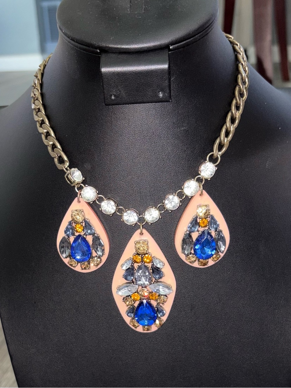 Blush Pink & Cobalt Blue Rhinestone Statement Necklace